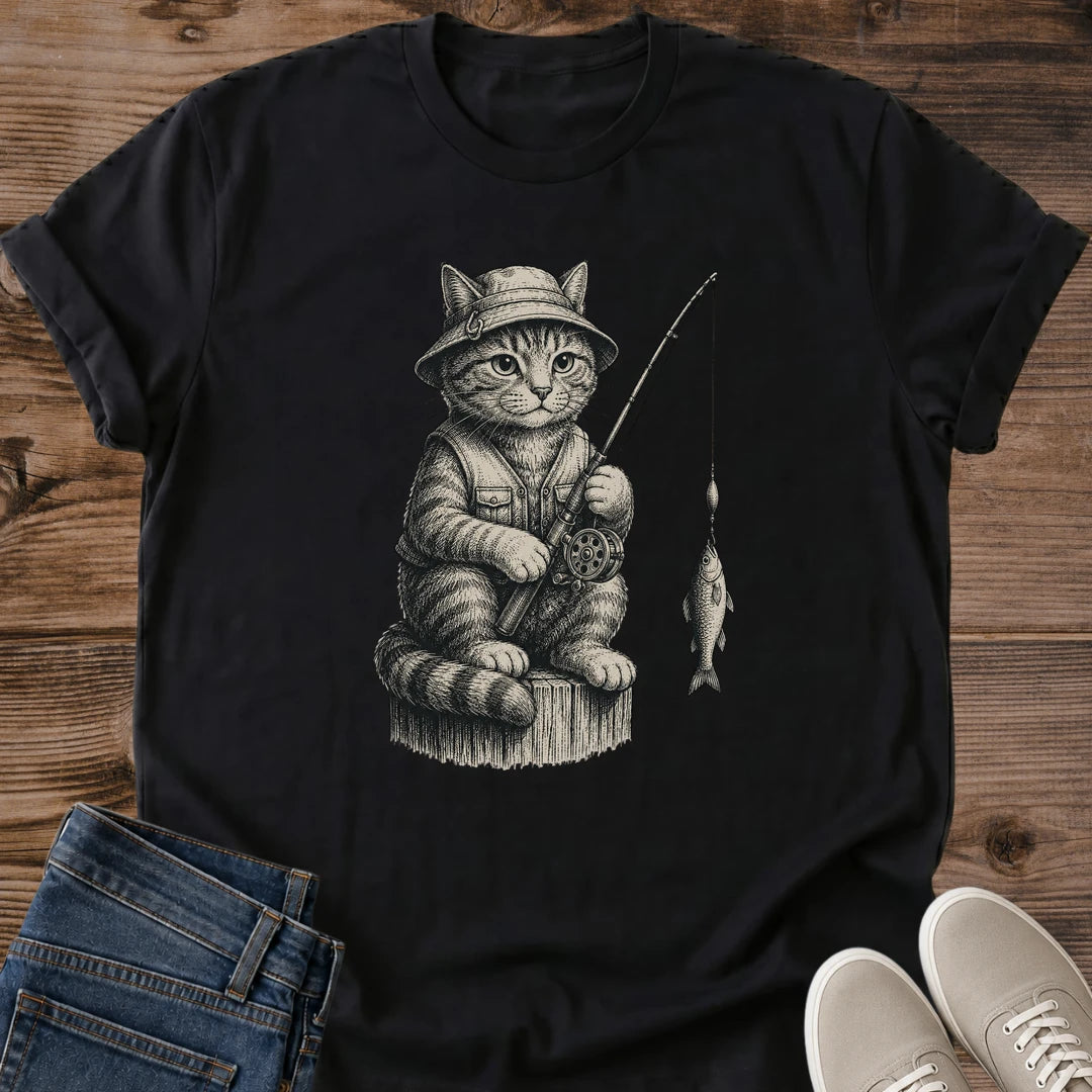 Cat Lover Gift Shirt Vintage Fishing Design Whimsical Graphic Tee Storybook Illustration Style Soft Cotton Fabric Breathable Comfort Funny Cat Tshirt Casual Wear Essential Novelty Present Chest Print Design Weekend Outfit Coffee Shop Style