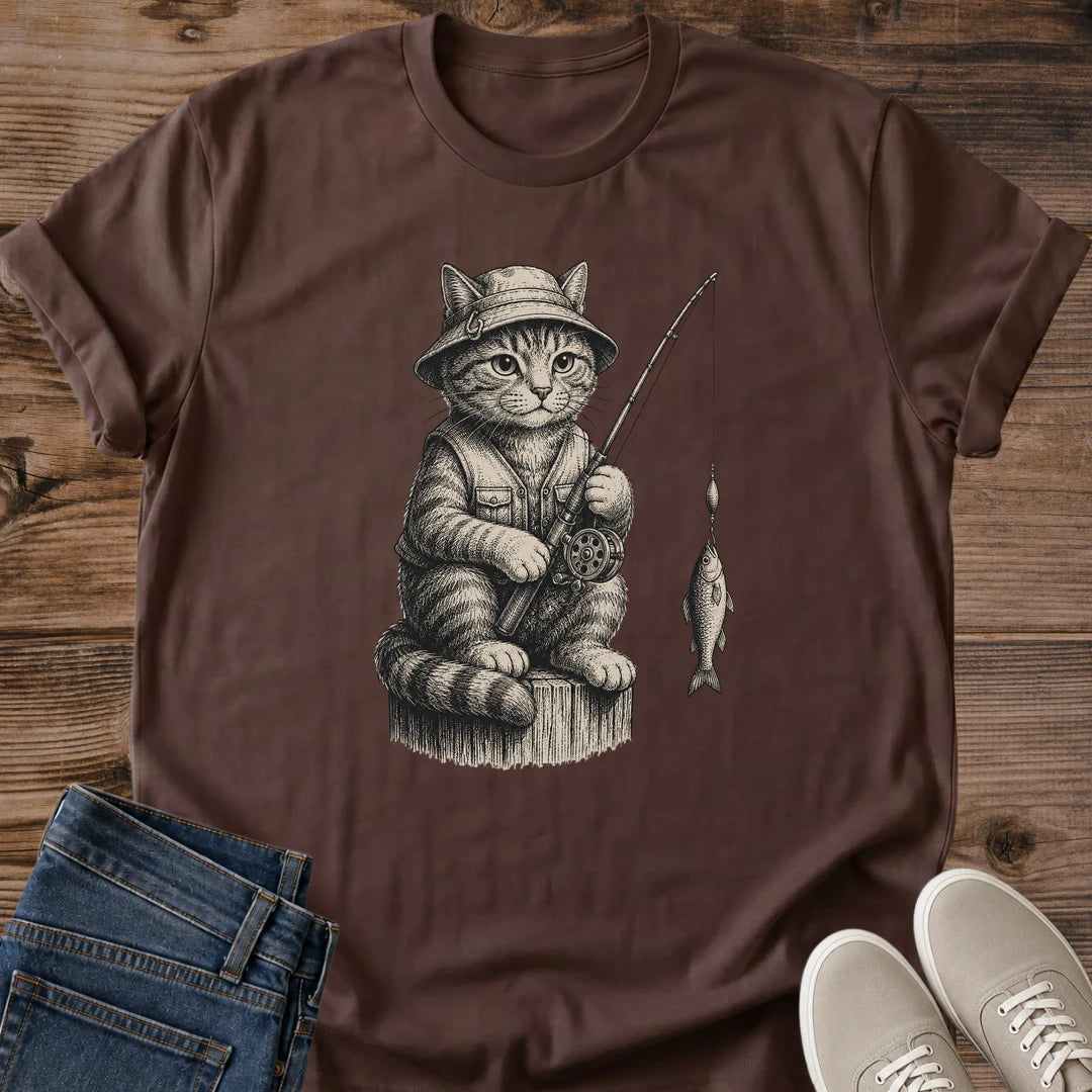 Whimsical Angler Design Vintage Cat Shirt Fishing Graphic Tee Soft Breathable Fabric Storybook Art Style Cat Lover Gift Funny Novelty Tshirt Casual Weekend Wear Comfortable Cotton Blend Chest Print Design Coffee Shop Outfit Cozy Everyday
