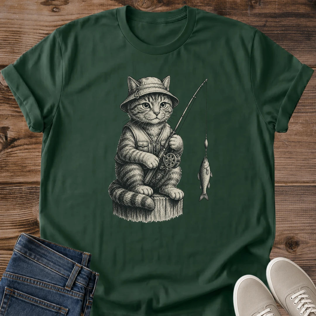 Funny Cat Gift Vintage Fishing Shirt Whimsical Graphic Tee Design Storybook Illustration Style Soft Cotton Fabric Breathable Comfort Cat Lover Present Novelty Tshirt Casual Wear Essential Chest Print Design Weekend Outfit Coffee Shop Style