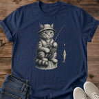 Fishing Cat Shirt Vintage Graphic Tee Whimsical Angler Design Cat Lover Gift Soft Cotton Fabric Breathable Comfort Storybook Illustration Style Funny Cat Tshirt Casual Weekend Wear Coffee Shop Outfit Novelty Present Chest Print Design Cozy