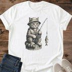 Vintage Graphic Tee Whimsical Cat Design Fishing Theme Shirt Soft Breathable Cotton Casual Wear Essential Storybook Art Style Cat Lover Present Funny Novelty Gift Chest Placement Print Comfortable Weekend Outfit Coffee Shop Style Angler