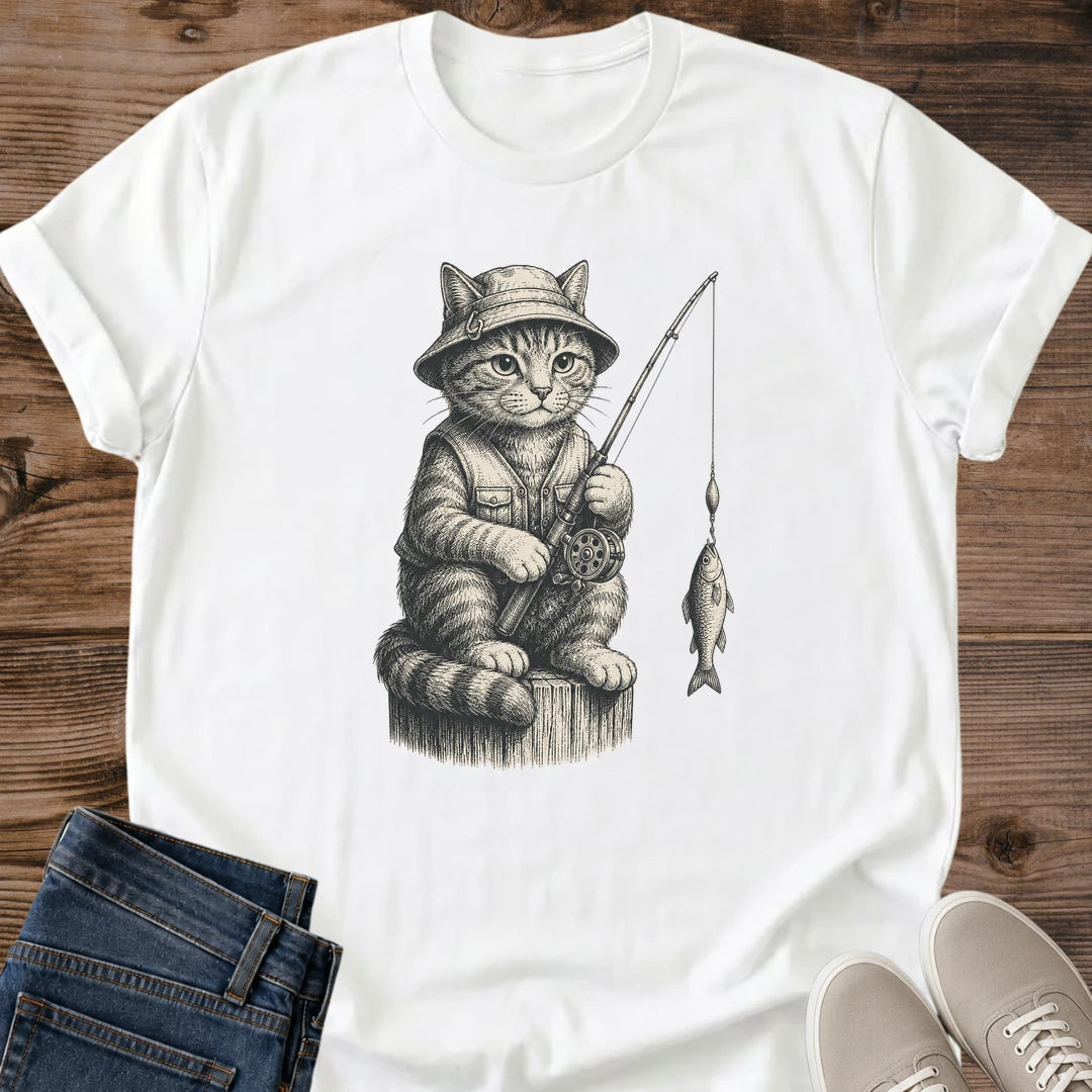 Vintage Graphic Tee Whimsical Cat Design Fishing Theme Shirt Soft Breathable Cotton Casual Wear Essential Storybook Art Style Cat Lover Present Funny Novelty Gift Chest Placement Print Comfortable Weekend Outfit Coffee Shop Style Angler