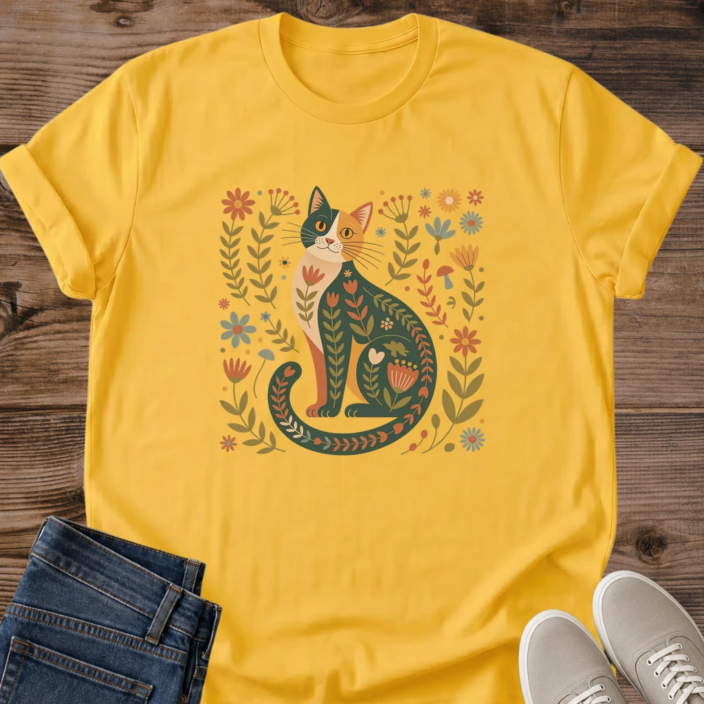 Floral Cat Tshirt Botanical Pattern Design Folk Art Illustration Hand Drawn Whimsical Style Soft Cotton Shirt Comfortable Lightweight Fabric Crew Neck Classic Fit Nature Inspired Artwork Cat Lover Gift Casual Everyday Wear Relaxed Fashion
