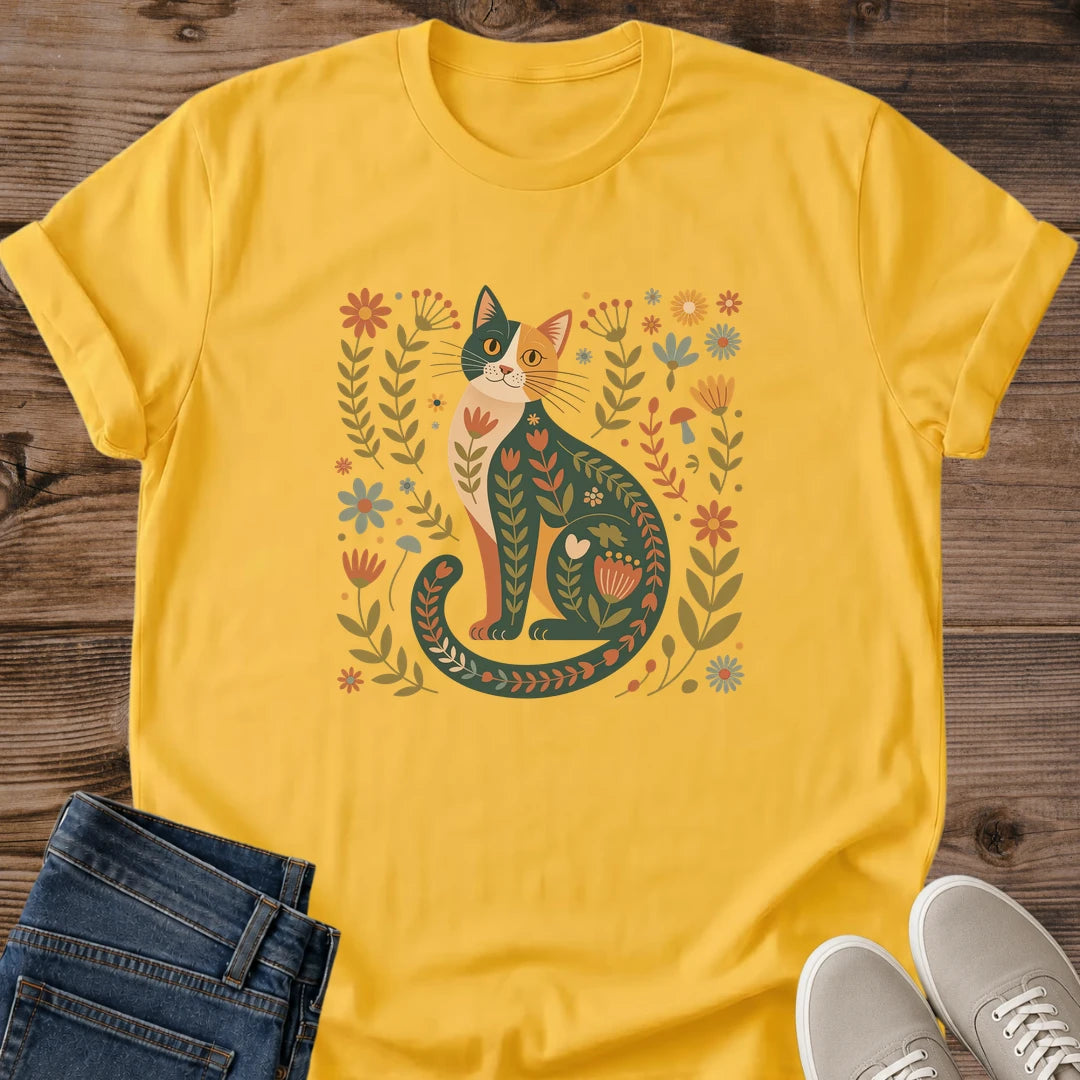 Floral Cat Tshirt Botanical Pattern Design Folk Art Illustration Hand Drawn Whimsical Style Soft Cotton Shirt Comfortable Lightweight Fabric Crew Neck Classic Fit Nature Inspired Artwork Cat Lover Gift Casual Everyday Wear Relaxed Fashion