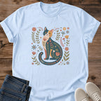 Hand Drawn Cat Tee Whimsical Folk Art Design Floral Botanical Illustration Soft Ring Spun Cotton Comfortable Lightweight Shirt Classic Crew Neck Fit Nature Inspired Pattern Cat Lover Casual Wear Gift Idea Relaxed Style Fashion Weekend