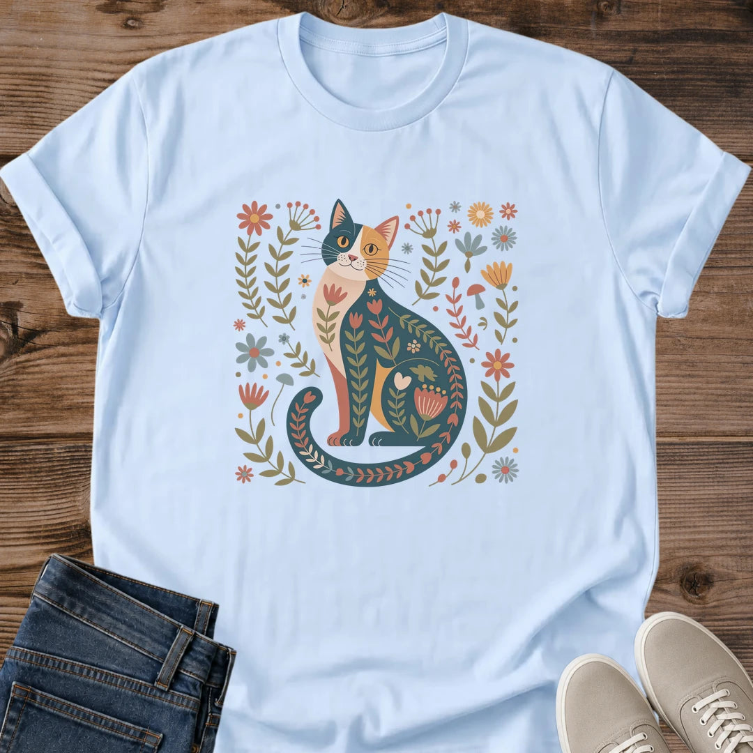 Hand Drawn Cat Tee Whimsical Folk Art Design Floral Botanical Illustration Soft Ring Spun Cotton Comfortable Lightweight Shirt Classic Crew Neck Fit Nature Inspired Pattern Cat Lover Casual Wear Gift Idea Relaxed Style Fashion Weekend