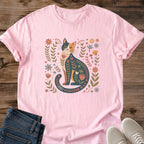 Soft Cotton Tee Comfortable Cat Shirt Botanical Floral Design Folk Art Illustration Hand Drawn Pattern Whimsical Nature Inspired Artwork Lightweight Ring Spun Fabric Crew Neck Classic Fit Cat Lover Gift Casual Daily Wear Relaxed Weekend
