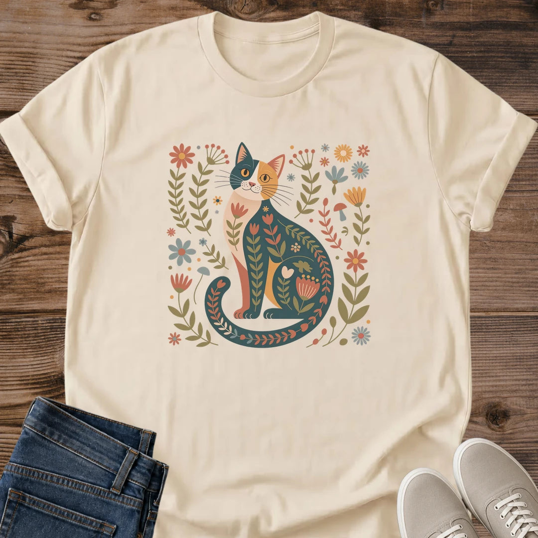 Cat Lover Gift Shirt Soft Cotton Tee Comfortable Casual Wear Folk Art Design Hand Drawn Illustration Floral Botanical Pattern Whimsical Cat Artwork Crew Neck Style Classic Fit Tshirt Lightweight Fabric Gentle Feel Nature Inspired Fashion