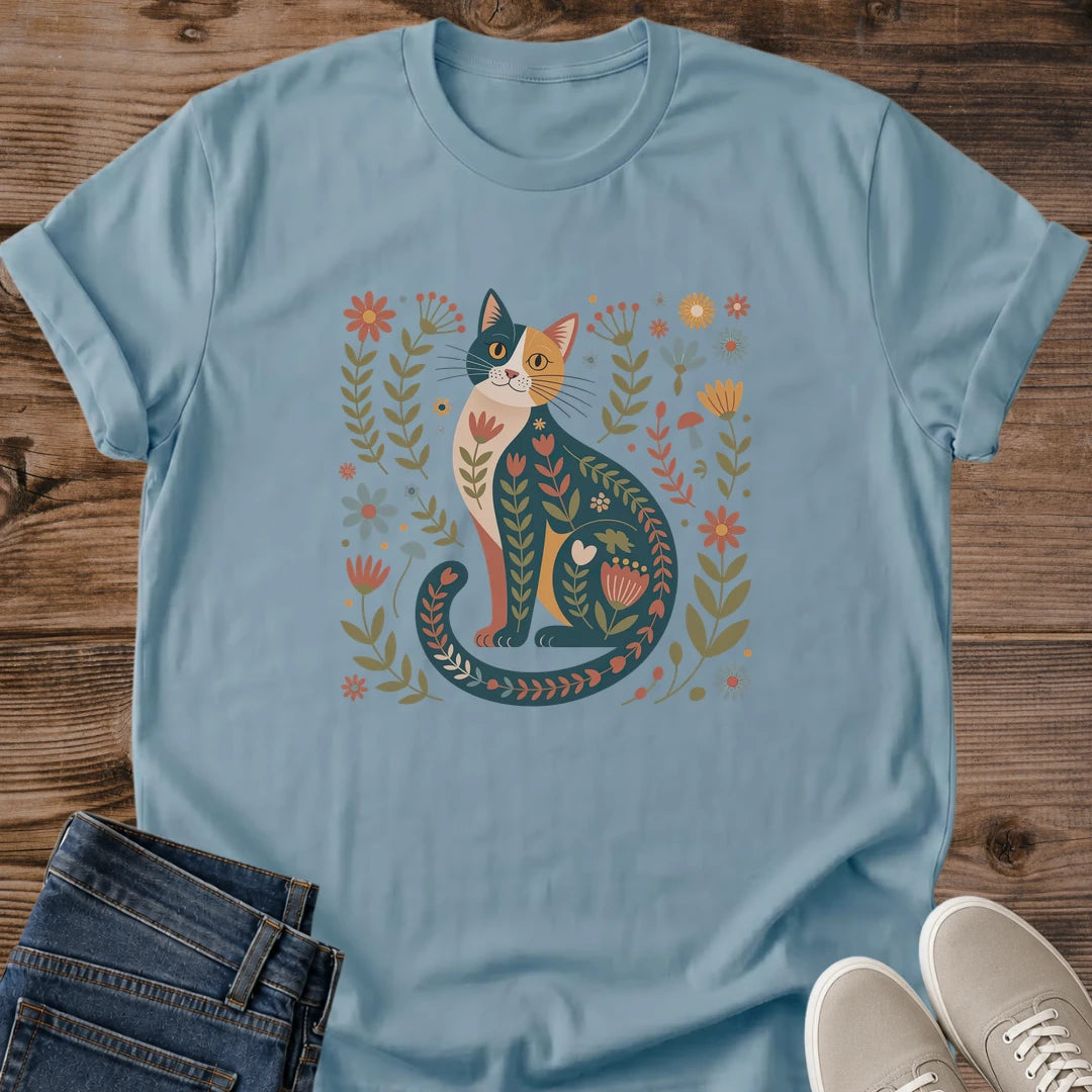 Folk Art Cat Shirt Hand Drawn Floral Design Botanical Pattern Whimsical Illustration Soft Cotton Tee Comfortable Crew Neck Classic Fit Ring Spun Fabric Lightweight Material Cat Lover Gift Casual Everyday Wear Nature Inspired Artwork Relaxed