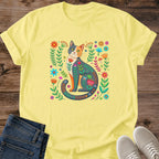 Whimsical Cat Tee Women Folk Art Design Botanical Floral Graphic Shirt Colorful Nature Illustration Soft Lightweight Casual Wear Comfortable Everyday Fashion Perfect Cat Lover Gift Birthday Present Artistic Statement Piece Hand Painted