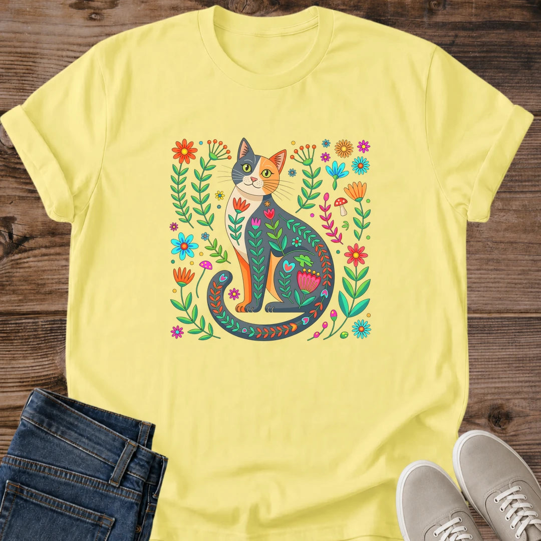 Whimsical Cat Tee Women Folk Art Design Botanical Floral Graphic Shirt Colorful Nature Illustration Soft Lightweight Casual Wear Comfortable Everyday Fashion Perfect Cat Lover Gift Birthday Present Artistic Statement Piece Hand Painted