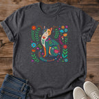 Folk Art Cat Shirt Women Graphic Tee Floral Botanical Design Whimsical Cat Lover Apparel Colorful Hand Painted Style Illustration Soft Lightweight Fabric Comfortable Casual Wear Perfect Cat Owner Gift Birthday Present Animal Lover Fashion