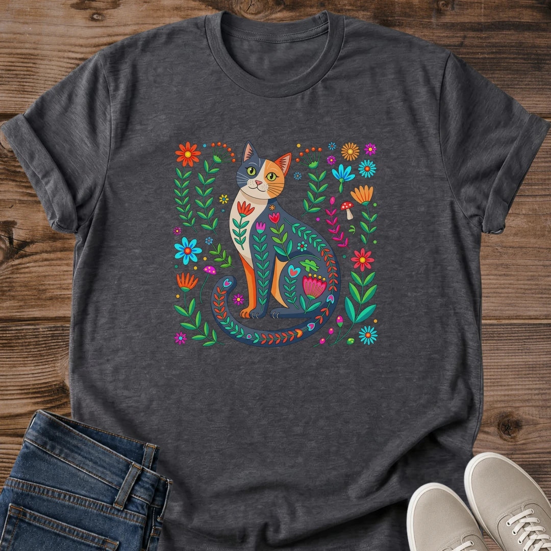 Folk Art Cat Shirt Women Graphic Tee Floral Botanical Design Whimsical Cat Lover Apparel Colorful Hand Painted Style Illustration Soft Lightweight Fabric Comfortable Casual Wear Perfect Cat Owner Gift Birthday Present Animal Lover Fashion