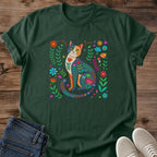 Botanical Design Shirt Women Floral Cat Graphic Tee Folk Art Style Illustration Whimsical Nature Inspired Fashion Colorful Hand Painted Look Soft Comfortable Casual Wear Perfect Cat Owner Gift Birthday Present Animal Lover Apparel