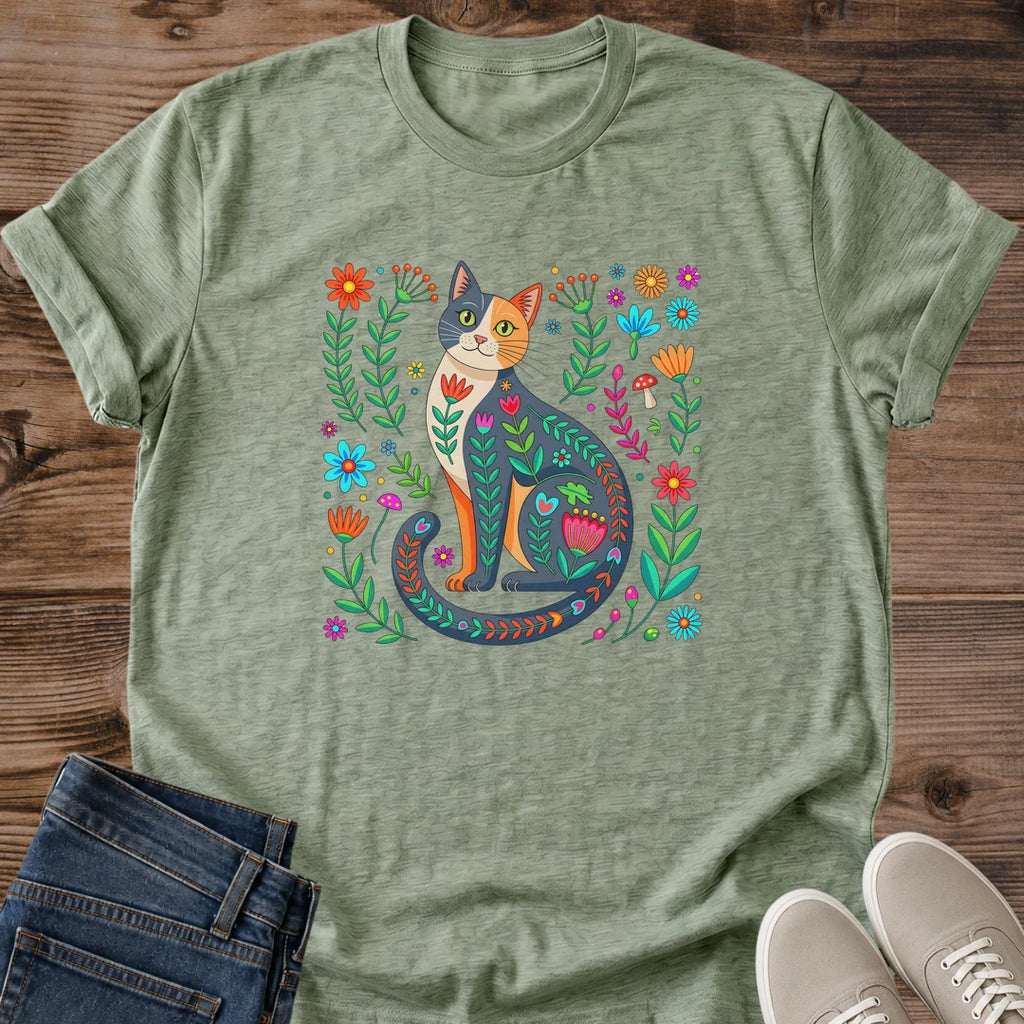 Folk Art Cat Shirt – Whimsical Bright Floral Botanical Design Tee