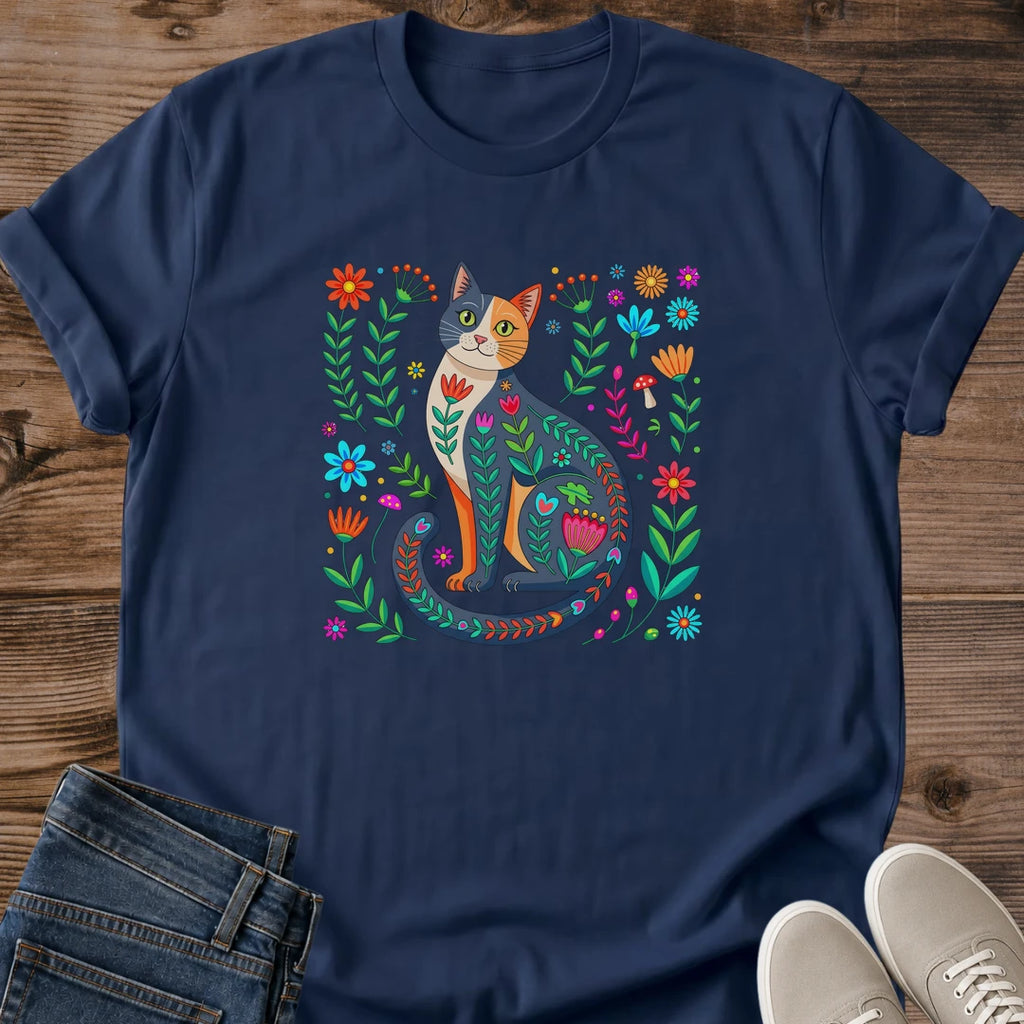 Cat Lover Gift Shirt Women Whimsical Graphic Tee Botanical Floral Design Folk Art Cat Apparel Colorful Nature Inspired Fashion Soft Comfortable Casual Wear Lightweight Breathable Fabric Perfect Birthday Present Cat Owner Wardrobe Artistic