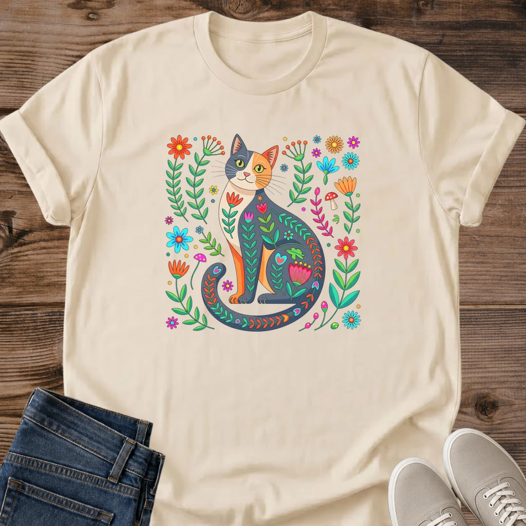 Folk Art Cat Shirt – Whimsical Bright Floral Botanical Design Tee