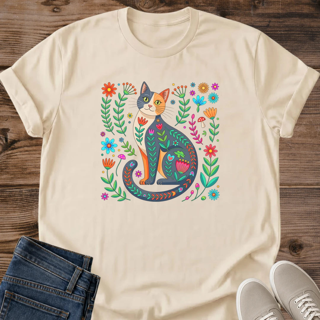 Folk Art Cat Shirt – Whimsical Bright Floral Botanical Design Tee