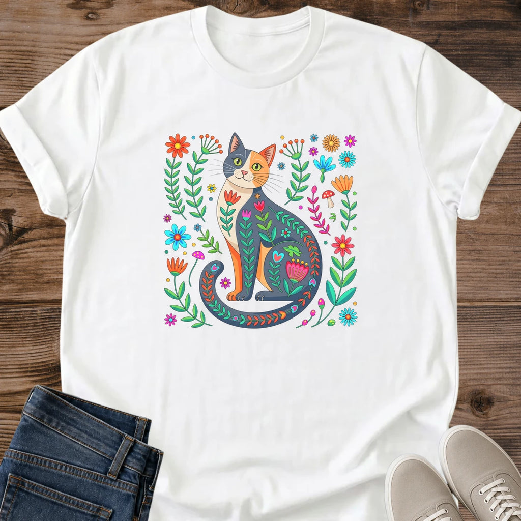Graphic Tee Women Folk Art Design Colorful Cat Shirt Botanical Floral Print Whimsical Nature Illustration Soft Lightweight Casual Wear Comfortable Everyday Fashion Cat Lover Apparel Perfect Gift Birthday Present Artistic Statement Style