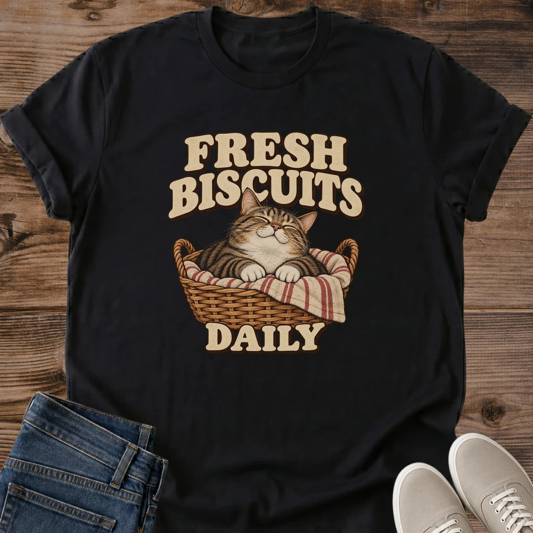 Funny Baking Shirt Fresh Biscuits Daily Cat Mom Tee Bakery Cat Gift Vintage Bread Basket Cat Design Cat Shirt For Women And Men Cat Dad Gift Holiday Gift For Baker Sourdough Lover Tee Soft Cotton Unisex Tee Cat Whisker Co