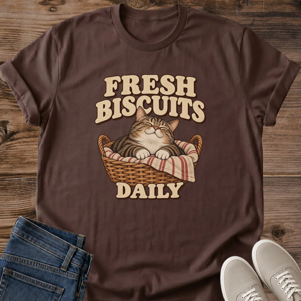 Bakery Cat Shirt Fresh Biscuits Daily Tee Cozy Cat In Wicker Basket With Striped Towel Illustration Vintage Bakery Sign Lettering Gift For Bakers Who Love Cats Cat Owner Gift For Her Cat Dad Tee Soft Cotton Unisex Shirt Cat Whisker Co