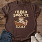 Bakery Cat Shirt Fresh Biscuits Daily Tee Cozy Cat In Wicker Basket With Striped Towel Illustration Vintage Bakery Sign Lettering Gift For Bakers Who Love Cats Cat Owner Gift For Her Cat Dad Tee Soft Cotton Unisex Shirt Cat Whisker Co