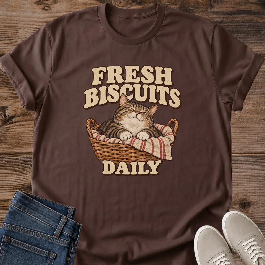 Bakery Cat Shirt Fresh Biscuits Daily Tee Cozy Cat In Wicker Basket With Striped Towel Illustration Vintage Bakery Sign Lettering Gift For Bakers Who Love Cats Cat Owner Gift For Her Cat Dad Tee Soft Cotton Unisex Shirt Cat Whisker Co