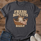 Bakery Cat Shirt Fresh Biscuits Daily Tee Cozy Cat In Wicker Basket With Striped Towel Illustration Vintage Bakery Sign Lettering Gift For Bakers Who Love Cats Cat Owner Gift For Her Cat Dad Tee Soft Cotton Unisex Shirt Cat Whisker Co