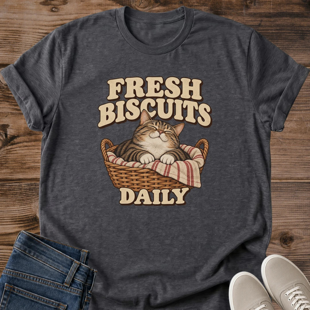 Bakery Cat Shirt Fresh Biscuits Daily Tee Cozy Cat In Wicker Basket With Striped Towel Illustration Vintage Bakery Sign Lettering Gift For Bakers Who Love Cats Cat Owner Gift For Her Cat Dad Tee Soft Cotton Unisex Shirt Cat Whisker Co