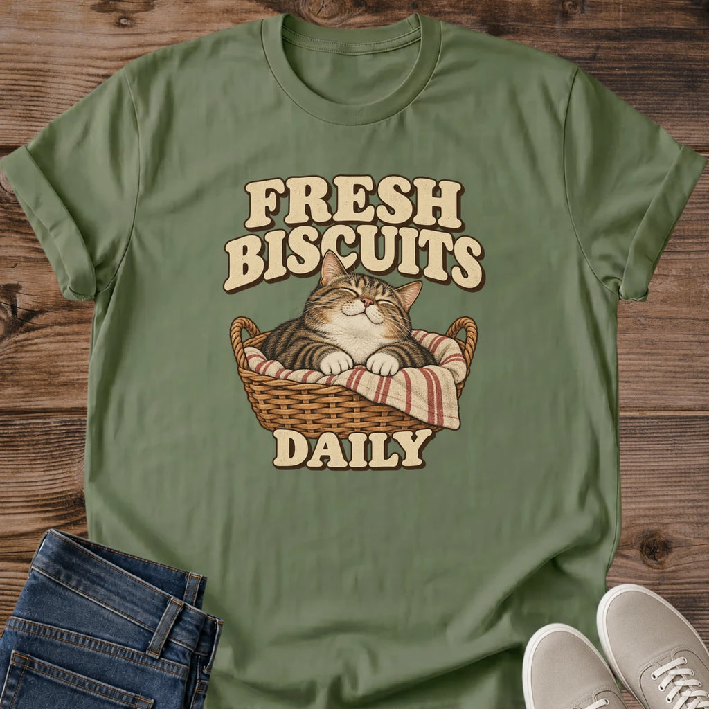 Fresh Biscuits Daily Cat Shirt Military Green Funny Bakery Cat Tee Tabby Cat Sleeping In Bread Basket Graphic Retro Baker Cat Shirt Cottagecore Kitchen Tee Baker Gift Cat Mom Shirt Gildan 64000 Softstyle Unisex Cat Whisker Co