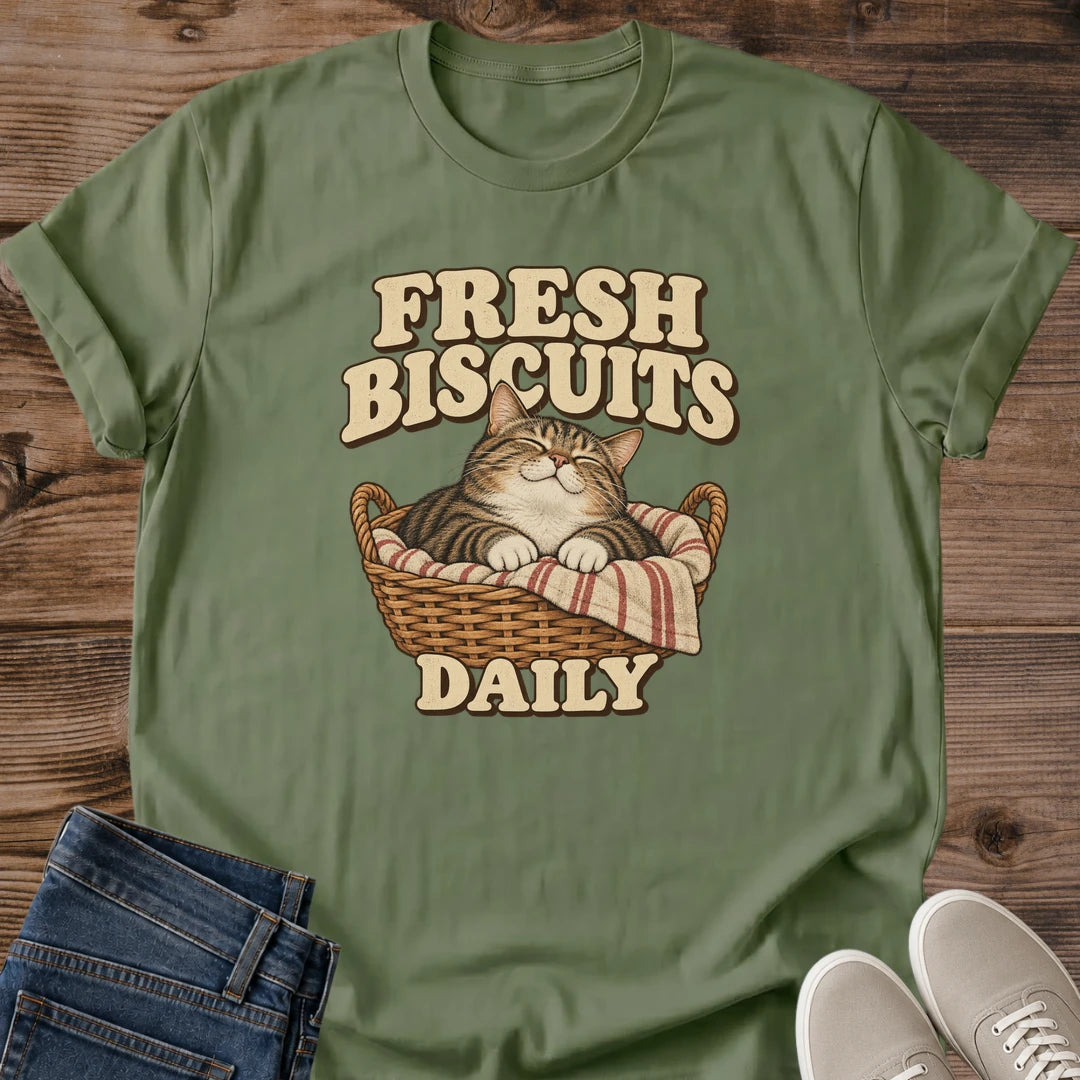 Fresh Biscuits Daily Cat Shirt Military Green Funny Bakery Cat Tee Tabby Cat Sleeping In Bread Basket Graphic Retro Baker Cat Shirt Cottagecore Kitchen Tee Baker Gift Cat Mom Shirt Gildan 64000 Softstyle Unisex Cat Whisker Co