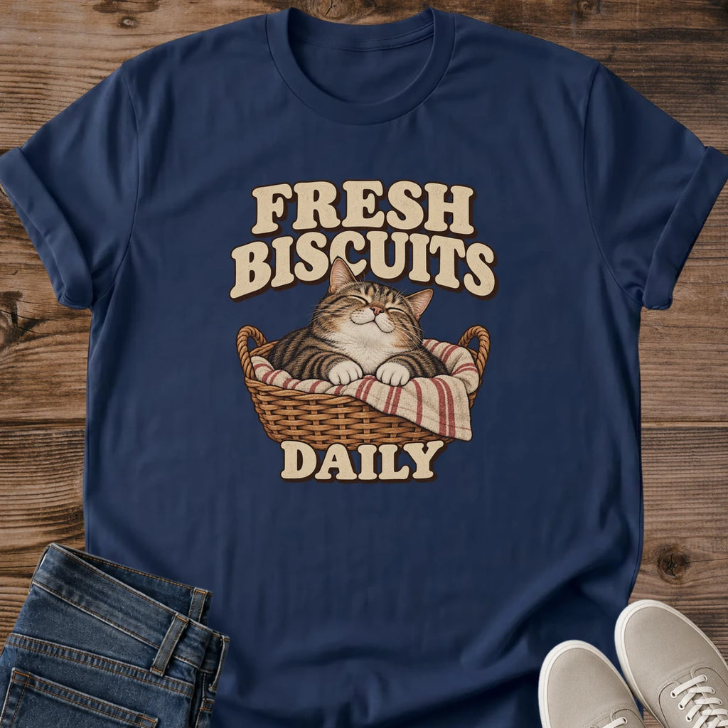 Baker Gift Fresh Biscuits Daily Cat Shirt Funny Baking Cat Tee Retro Bread Basket Cat Graphic Birthday Gift For Cat Owner Christmas Gift For Cat Mom Home Baker Gift Cat Person Tee Gildan Softstyle Cotton Tee Cat Whisker Co