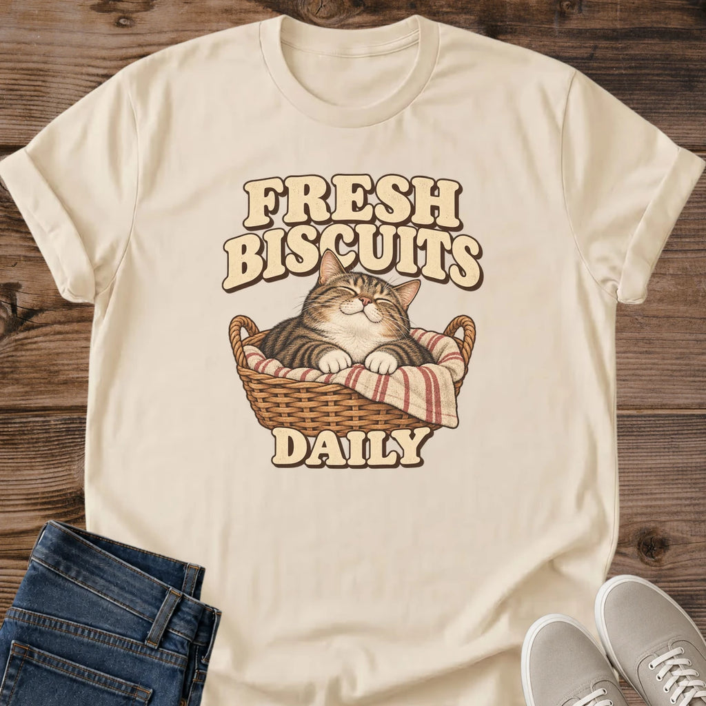 Cat In Basket Shirt Fresh Biscuits Daily Funny Cat Tee Hand Drawn Sleepy Tabby Sketch Bold Retro Bakery Lettering Cat Owner Shirt Gift For Cat Lovers Farmhouse Kitchen Tee Cozy Baking Shirt Unisex Ringspun Cotton Shirt Cat Whisker Co
