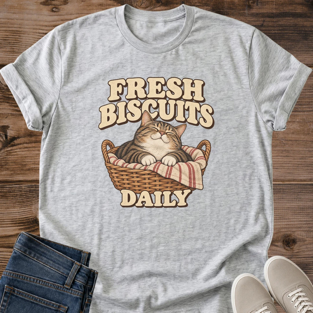 Cat In Basket Shirt Fresh Biscuits Daily Funny Cat Tee Hand Drawn Sleepy Tabby Sketch Bold Retro Bakery Lettering Cat Owner Shirt Gift For Cat Lovers Farmhouse Kitchen Tee Cozy Baking Shirt Unisex Ringspun Cotton Shirt Cat Whisker Co