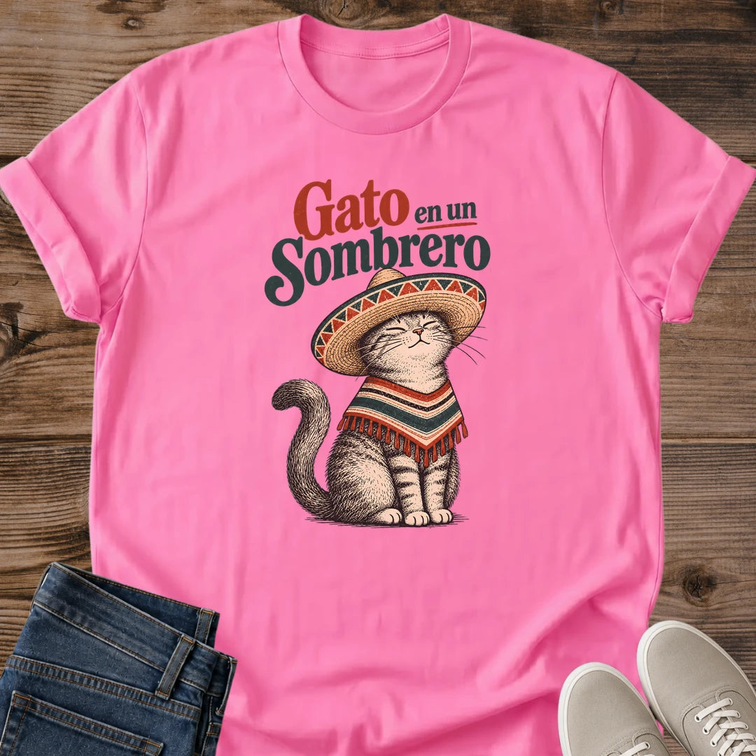 Cute Cat Graphic Tee Gato En Un Sombrero Illustrated Poncho Print Colorful Aesthetic Cat Owner Shirt Gift For Cat Lovers Softstyle Cotton Comfortable Relaxed Fit Statement Piece Everyday Casual Wear Apparel Gift Idea