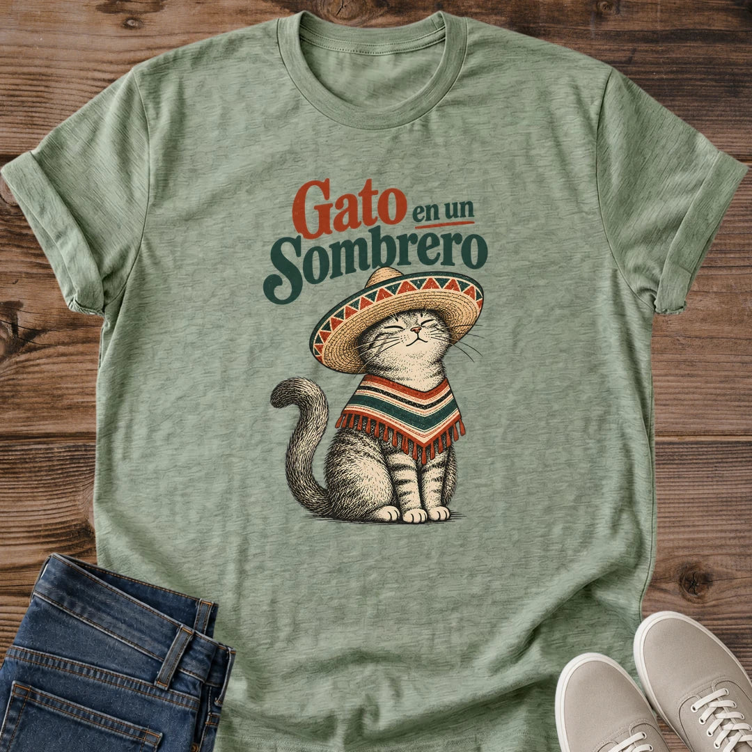 Sombrero Cat Tee Gato En Un Sombrero Illustrated Poncho Design Cute Cat Lover Gift For Her Softstyle Cotton Comfortable Relaxed Fit Casual Weekend Wear Colorful Print Cat Mom Statement Apparel Everyday Layering Piece