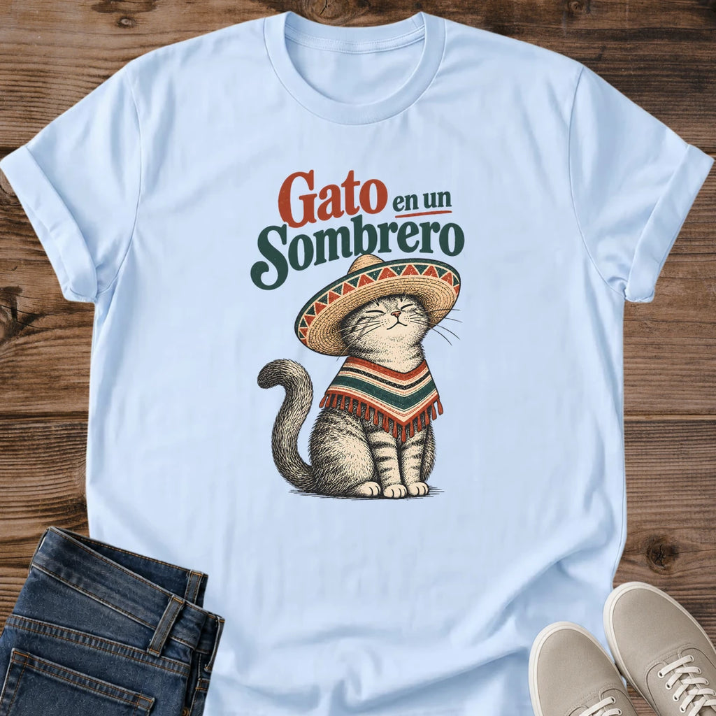 Funny Cat Shirt Gato En Un Sombrero Illustrated Poncho Graphic Tee Cute Gift Idea Ring Spun Cotton Soft Breathable Fabric Relaxed Unisex Fit Colorful Print Design Cat Person Apparel Casual Everyday Wear Statement Piece