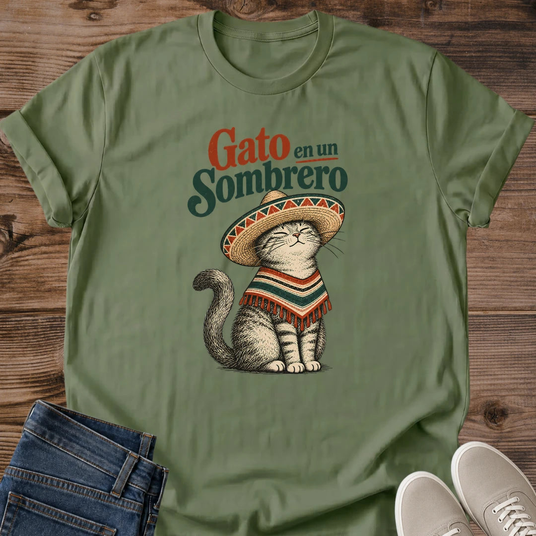 Vintage Cat Lover Tee Gato En Un Sombrero Illustrated Poncho Design Cotton Cat Mom Gift Shirt Colorful Aesthetic Softstyle Ring Spun Fabric Relaxed Retail Fit Casual Weekend Layering Statement Piece Everyday Wear For Home