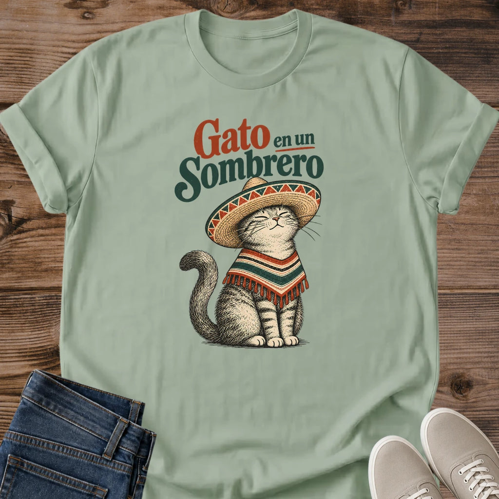 Cute Cat Graphic Tee Gato En Un Sombrero Illustrated Poncho Print Colorful Aesthetic Cat Owner Shirt Gift For Cat Lovers Softstyle Cotton Comfortable Relaxed Fit Statement Piece Everyday Casual Wear Apparel Gift Idea