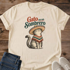 Funny Cat Shirt Gato En Un Sombrero Illustrated Poncho Graphic Tee Cute Gift Idea Ring Spun Cotton Soft Breathable Fabric Relaxed Unisex Fit Colorful Print Design Cat Person Apparel Casual Everyday Wear Statement Piece