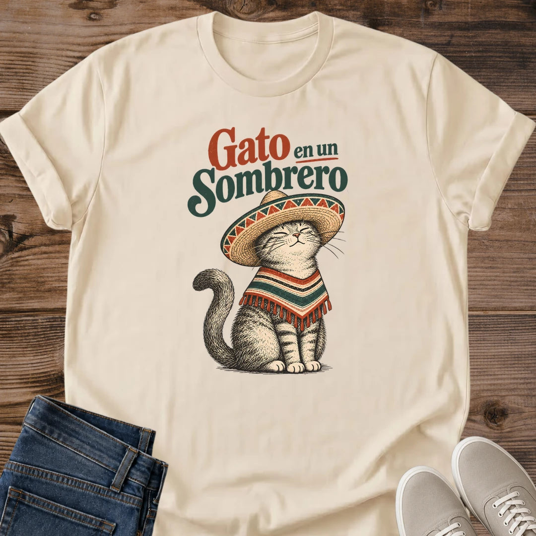 Funny Cat Shirt Gato En Un Sombrero Illustrated Poncho Graphic Tee Cute Gift Idea Ring Spun Cotton Soft Breathable Fabric Relaxed Unisex Fit Colorful Print Design Cat Person Apparel Casual Everyday Wear Statement Piece