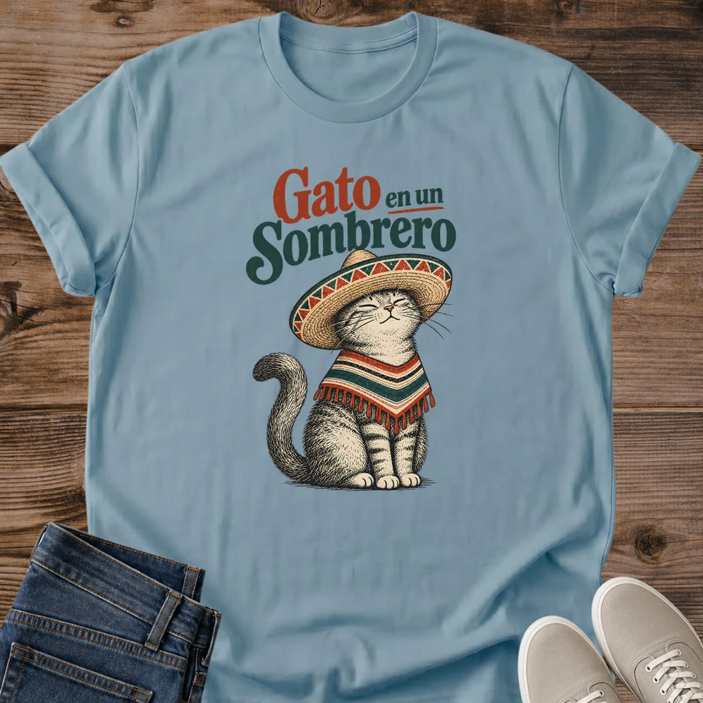 Vintage Cat Lover Tee Gato En Un Sombrero Illustrated Poncho Design Cotton Cat Mom Gift Shirt Colorful Aesthetic Softstyle Ring Spun Fabric Relaxed Retail Fit Casual Weekend Layering Statement Piece Everyday Wear For Home