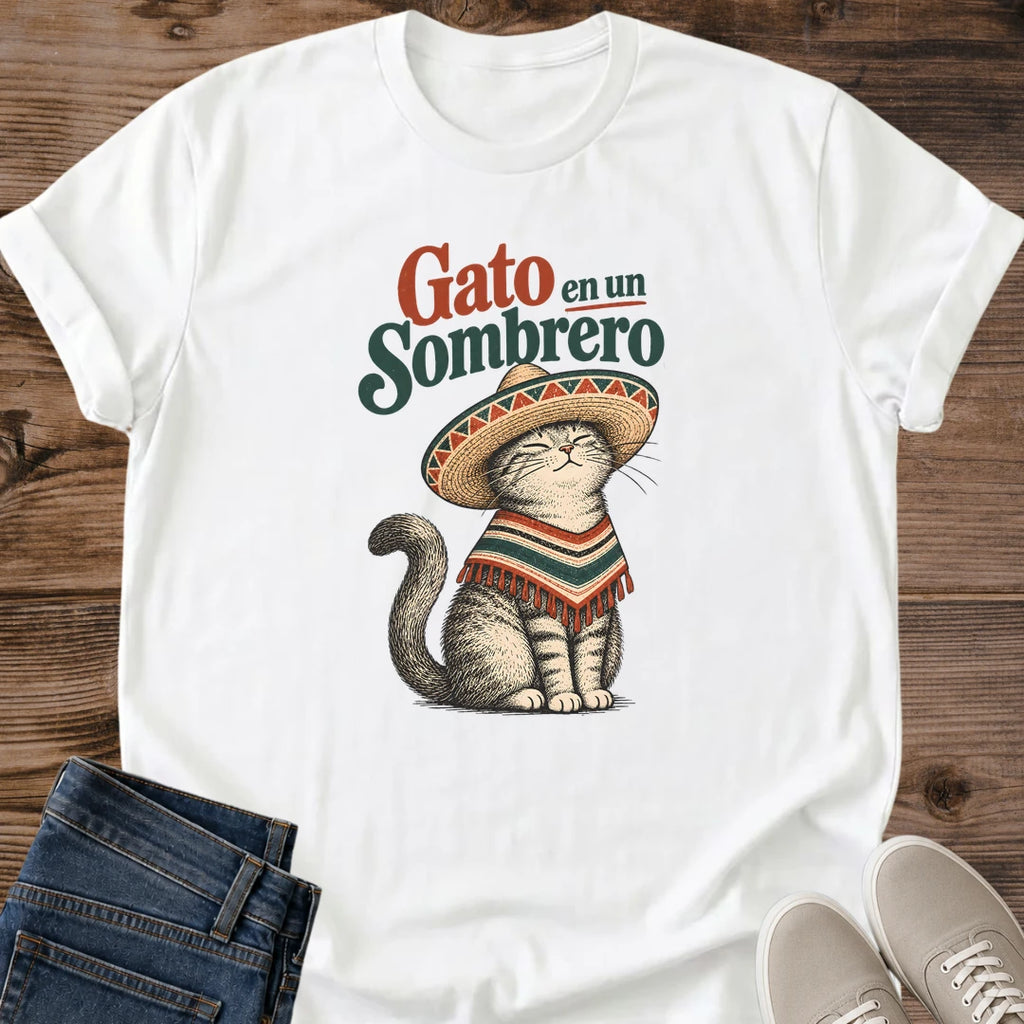 Gato En Un Sombrero Cat Shirt Illustrated Sombrero Poncho Cat Tee Cute Cat Lover Gift Idea Softstyle Ring Spun Cotton Relaxed Fit Everyday Casual Wear Colorful Print Cat Owner Apparel Statement Piece Lightweight Layering