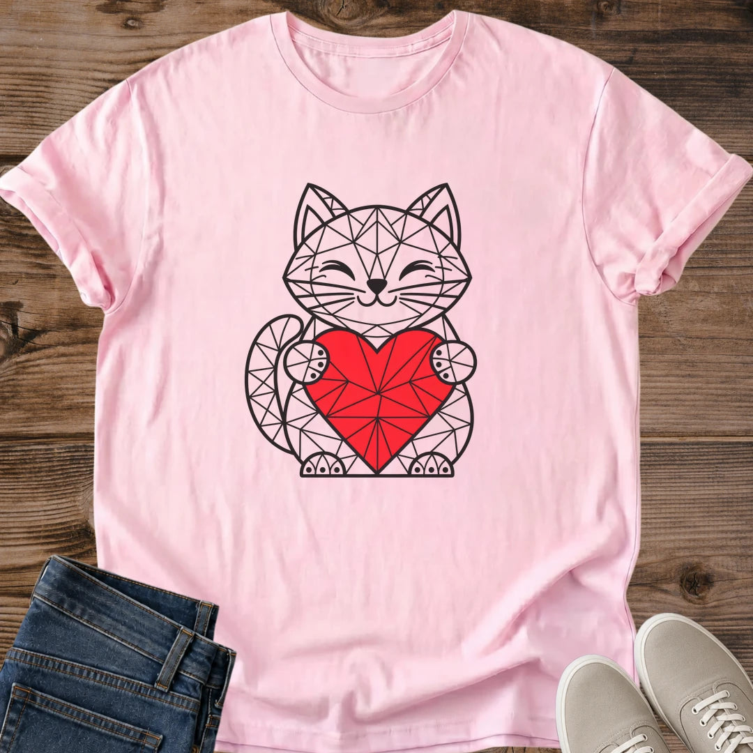 Geometric Cat Heart Shirt Pink Cute Cat Holding Red Heart Tee Low Poly Line Art Cat Graphic Modern Minimalist Cat Shirt Valentines Day Cat Tee Cat Mom Gift Cat Lover Gift Smiling Cat Gildan 64000 Softstyle Unisex Cat Whisker Co