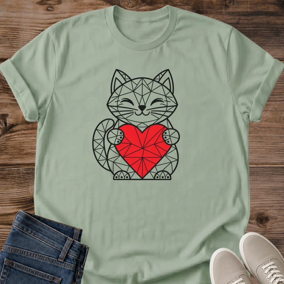 Cat Holding Heart Shirt Geometric Cat Tee Happy Smiling Cat Faceted Line Drawing Red Polygon Heart Design Love My Cat Shirt Cat Owner Gift For Her Cat Dad Tee Kawaii Geometric Cat Modern Art Soft Cotton Unisex Shirt Cat Whisker Co