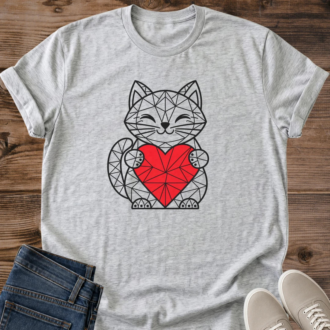 Cat Holding Heart Shirt Geometric Cat Tee Happy Smiling Cat Faceted Line Drawing Red Polygon Heart Design Love My Cat Shirt Cat Owner Gift For Her Cat Dad Tee Kawaii Geometric Cat Modern Art Soft Cotton Unisex Shirt Cat Whisker Co