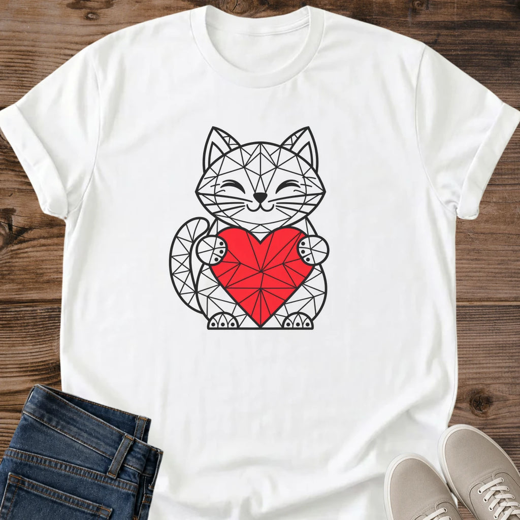 Geometric Cat Heart Shirt White Cute Cat Holding Red Heart Tee Low Poly Line Art Cat Graphic Modern Minimalist Cat Shirt Valentines Day Cat Tee Cat Mom Gift Cat Lover Gift Smiling Cat Gildan 64000 Softstyle Unisex Cat Whisker Co
