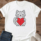 Geometric Cat Heart Shirt White Cute Cat Holding Red Heart Tee Low Poly Line Art Cat Graphic Modern Minimalist Cat Shirt Valentines Day Cat Tee Cat Mom Gift Cat Lover Gift Smiling Cat Gildan 64000 Softstyle Unisex Cat Whisker Co
