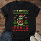 Get Ready To Party Ugly Christmas Sweater Cat Shirt Black Funny Christmas Cat Tee Cool Cat In Santa Hat And Sunglasses Knit Style Holiday Graphic Cat Lover Christmas Gift Holiday Party Shirt Gildan 64000 Softstyle Unisex Cat Whisker Co