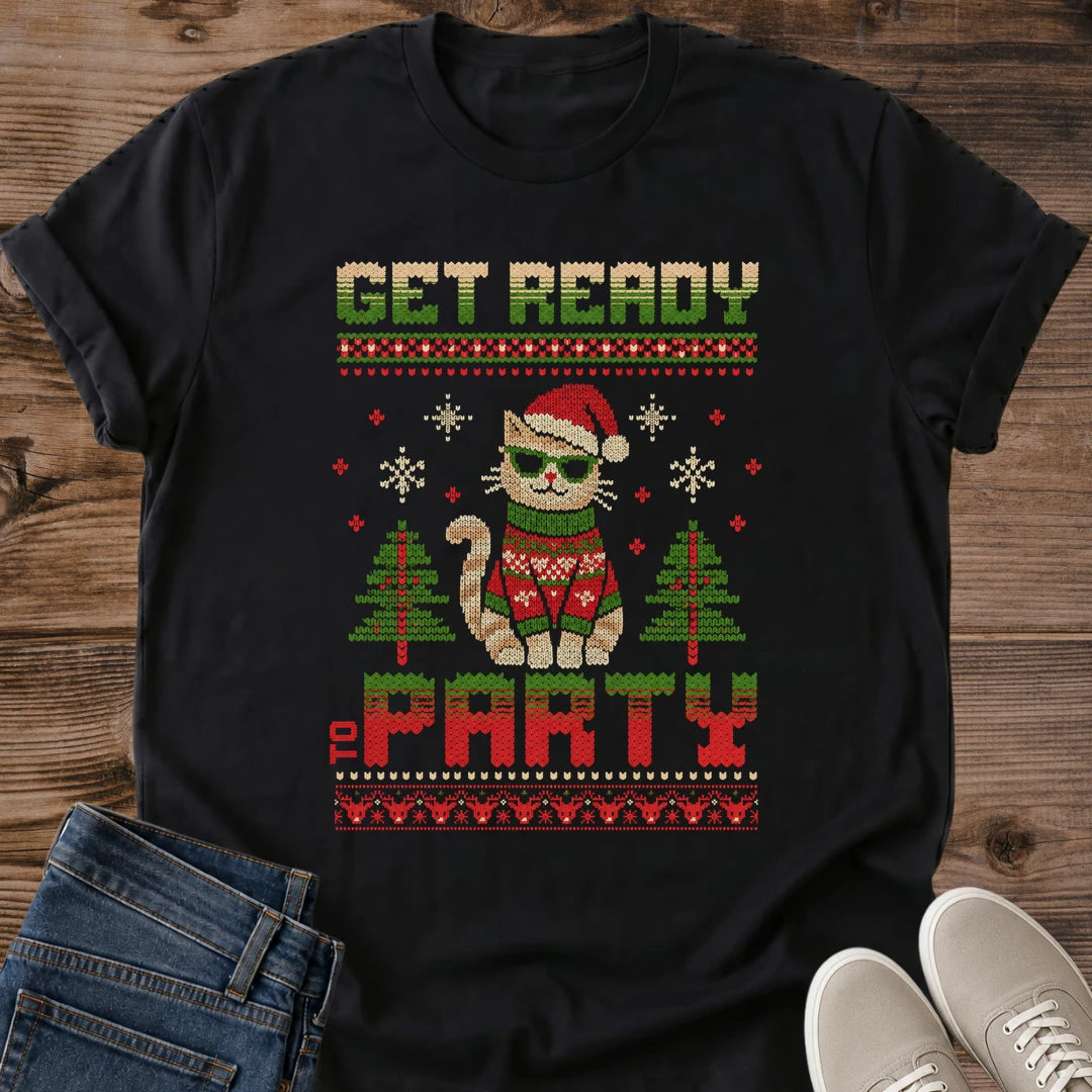 Get Ready To Party Ugly Christmas Sweater Cat Shirt Black Funny Christmas Cat Tee Cool Cat In Santa Hat And Sunglasses Knit Style Holiday Graphic Cat Lover Christmas Gift Holiday Party Shirt Gildan 64000 Softstyle Unisex Cat Whisker Co